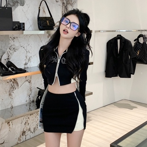 Áo Khoác Ngắn Tay Dài In Họa Tiết Màu Sắc Tương Phản + Quần Dài Lưng Cao Phong Cách Hàn Quốc Thời Trang Cho Nữ