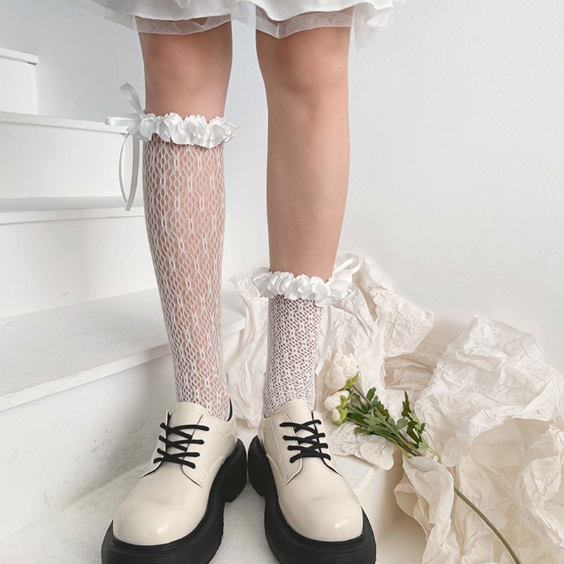 Vớ lưới ống cao vừa phối bèo thắt nơ ruy băng bằng vải satin phong cách Lolita Nhật Bản ngọt ngào cho nữ