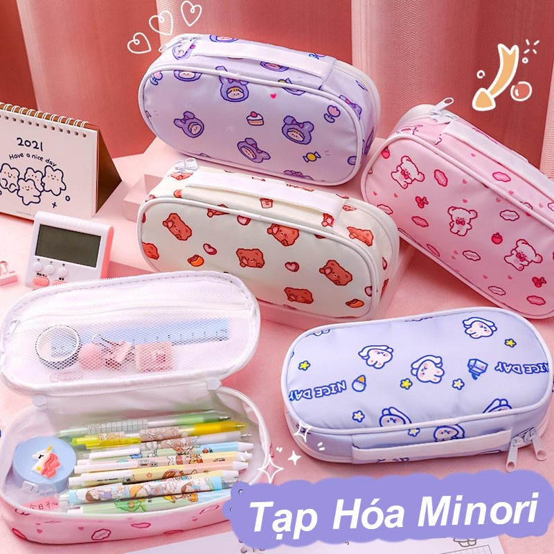 Túi đựng bút vải 2 ngăn tiện lợi hoạ tiết hoạt hình Hàn Quốc siêu dễ thương