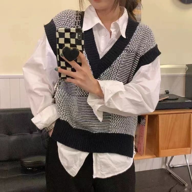 Áo Len Không Tay Cổ Chữ v Màu Sắc Đối Lập Phong Cách Hàn Quốc Cho Nữ