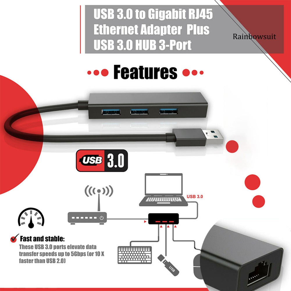 Bộ Chia 3 Cổng Usb 3.0 Gigabit Ethernet Lan Rj45 Cho Windows / Mac