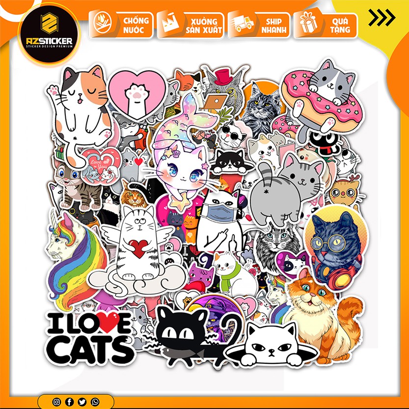 Sticker Chủ Đề Mèo Dễ Thương Chống Nước | STK69 | Hình Dán Sticker Dán Mũ Bảo Hiểm Điện Thoại Laptop Bình Nước