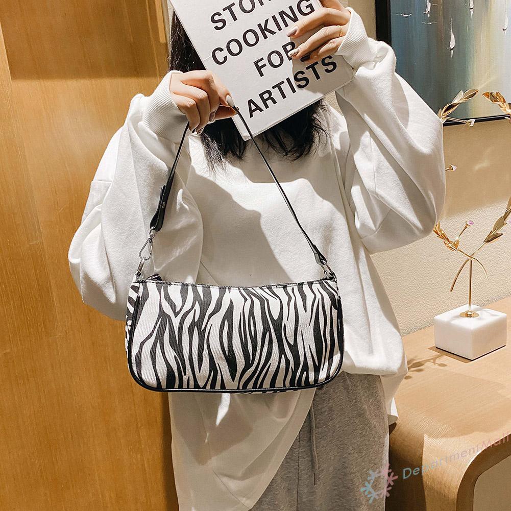 【High Quality】Fashion Cow Zebra Print Women Handbag Female Zipper Shoulder Underarm Bag