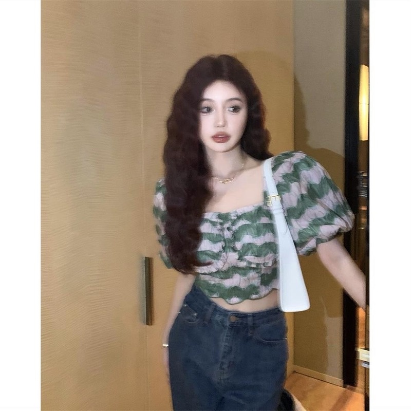 Áo Kiểu Tay Phồng Ngắn Dáng Ôm Thời Trang Mùa Hè Retro Mới Cho Nữ