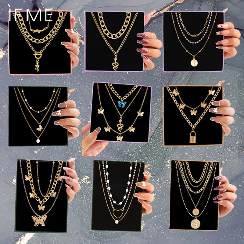 IF ME Vòng cổ Nhiều Lớp Mặt Hình Bướm/Rắn Đính Ngọc Trai Phong Cách Vintage