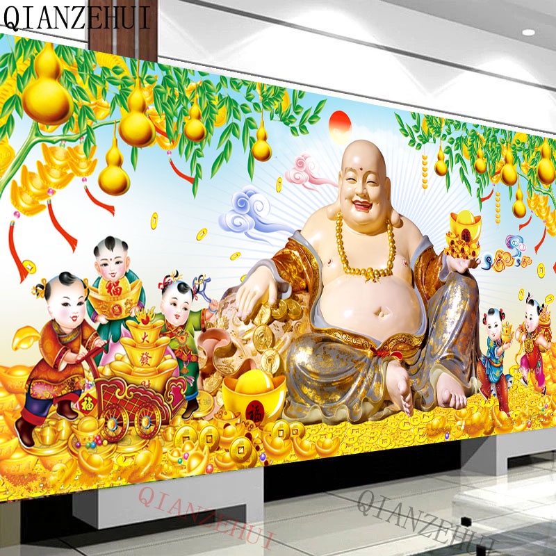 Bộ Tranh Đính Đá Tròn Tự Làm Hình Phật Vàng Trang Trí Nhà Cửa