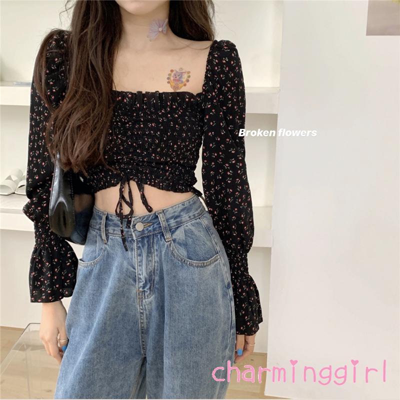 QAQ-Women´s Shirt, Long Sleeve Square Neck Blouse Floral Top for Vacation Travelling Party Photography | BigBuy360 - bigbuy360.vn