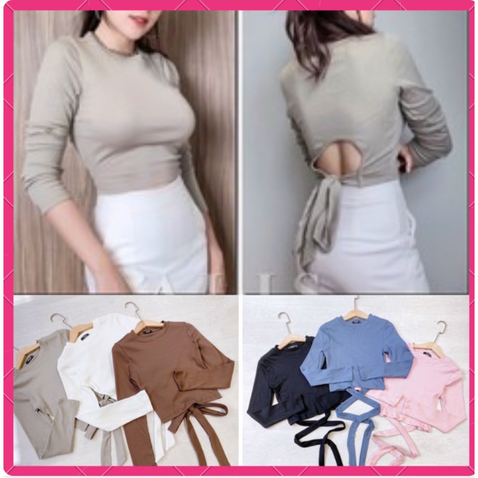 [THẮT NƠ] Áo Croptop Nữ Thun Gân Cotton Mát Min Tay Dài Kiểu Hở Lưng, Cột Dây Sau Lưng Crt Dài Tay Màu Xanh Hồng Nữ Tính