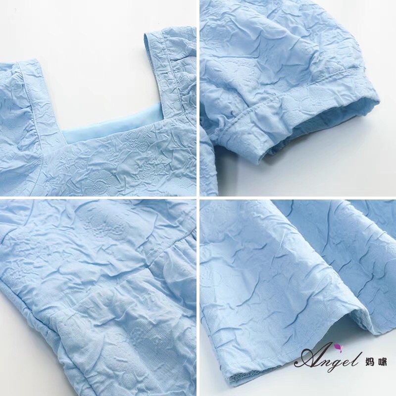 Váy đầm babydoll cổ vuông xanh trắng, dáng xoè tay phồng siêu xinh bầu bon chen  phong cách hàn quốc