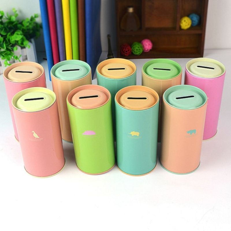 Hộp đựng tiền tiết kiệm hình trụ bằng thiếc màu kẹo họa tiết động vật hoạt hình xinh xắn dễ thương