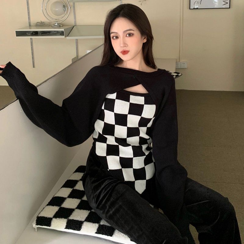 video ảnh thật ,Set áo croptop caro 2 dây chéo kèm áo khoác len tay dài tiểu thư thời trang mùa thu phong cách hàn