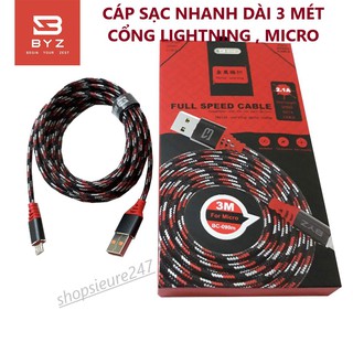 CÁP SẠC NHANH BYZ 2.1A DÂY DÀI 3M CỔNG LIGHTNING, MICRO FULLBOX