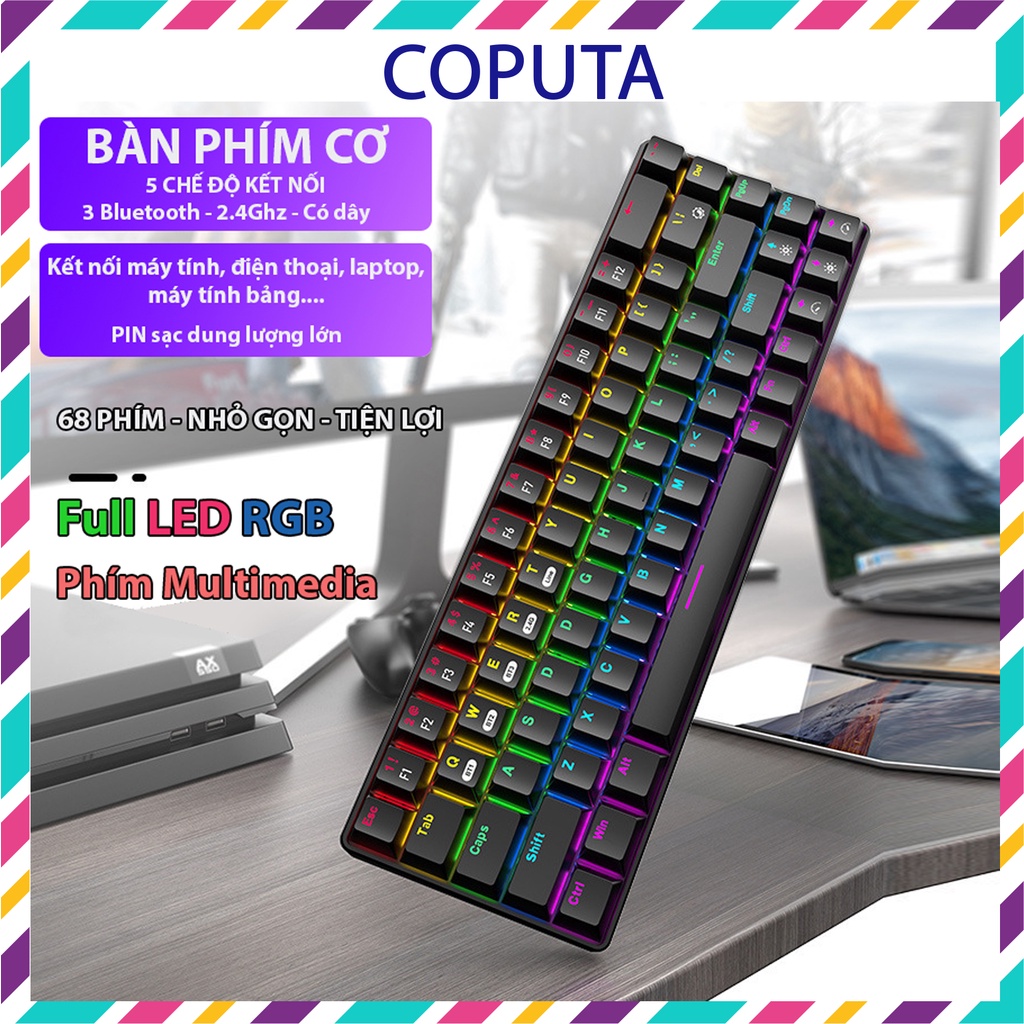 Bàn phím cơ Coputa bàn phím bluetooth không dây mini kết nối điện thoại laptop máy tính bảng Full LED XM68