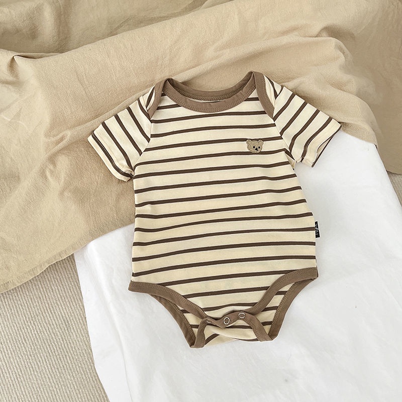 Bộ Áo Liền Quần Bằng Cotton Tay Ngắn Họa Tiết Kẻ Sọc Thời Trang Mùa Hè Hàn Quốc Cho Bé Sơ Sinh 0-18 Tháng Tuổi