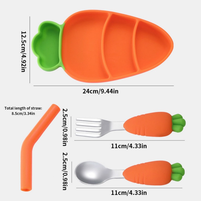 Bộ muỗng nĩa ống hút và đĩa ăn Mamimamihome silicon thiết kế kiểu cà rốt không chứa BPA dành cho trẻ em