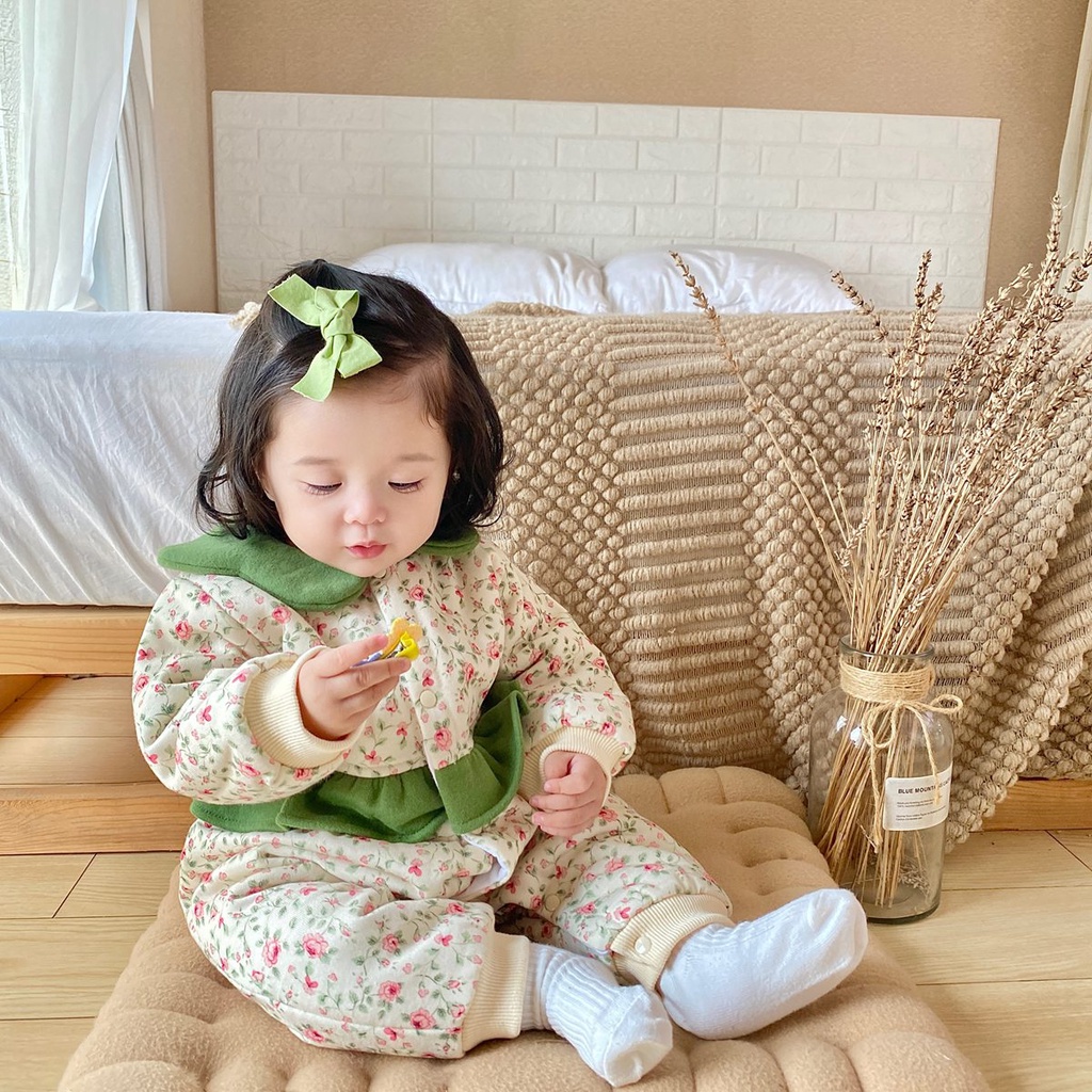 Áo liền quần SANLUTOZ tay dài in hoa dễ thương giữ ấm mùa đông cho bé gái sơ sinh