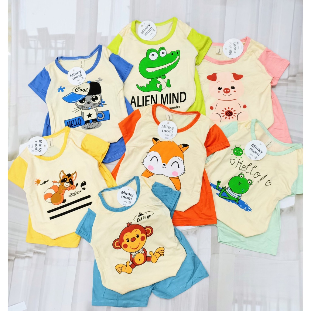 Bộ Cộc Tay Thun Lạnh Hoạt Hình Minky Mom Chất Vải Mềm Mát Co Giãn 4 Chiều