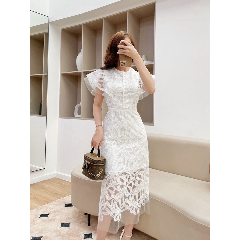 LEMI Đầm body chất liệu REN hoa cao cấp TRẮNG/HỒNG thiết kế tay bèo đính viền ngọc tinh tế sang trọng phù hợp dự tiệc