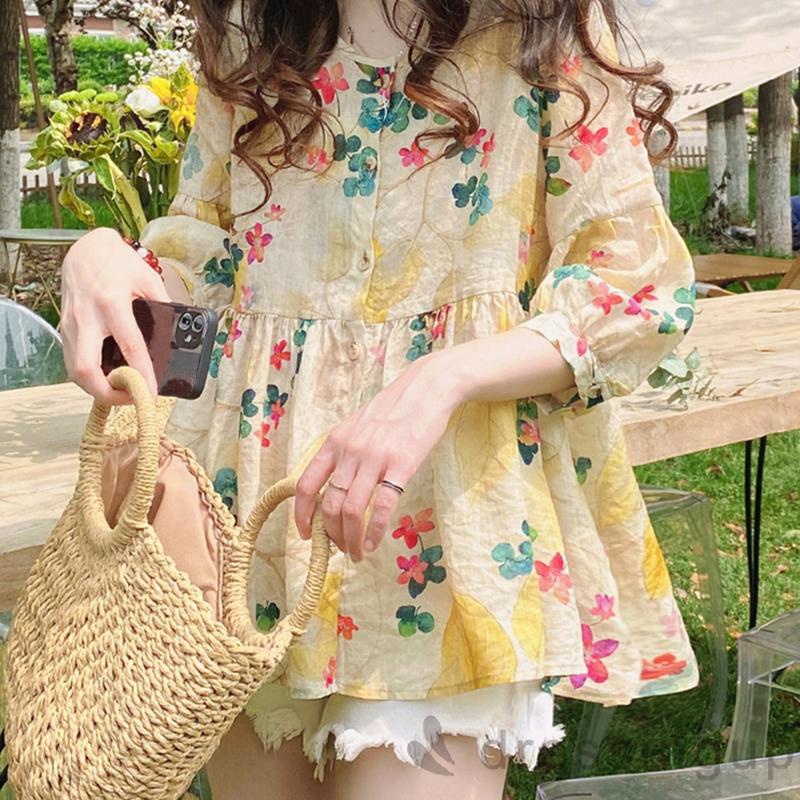Áo Nữ Tay 3/4 Cổ Tròn In Họa Tiết Lá Cây Thời Trang Mùa Hè