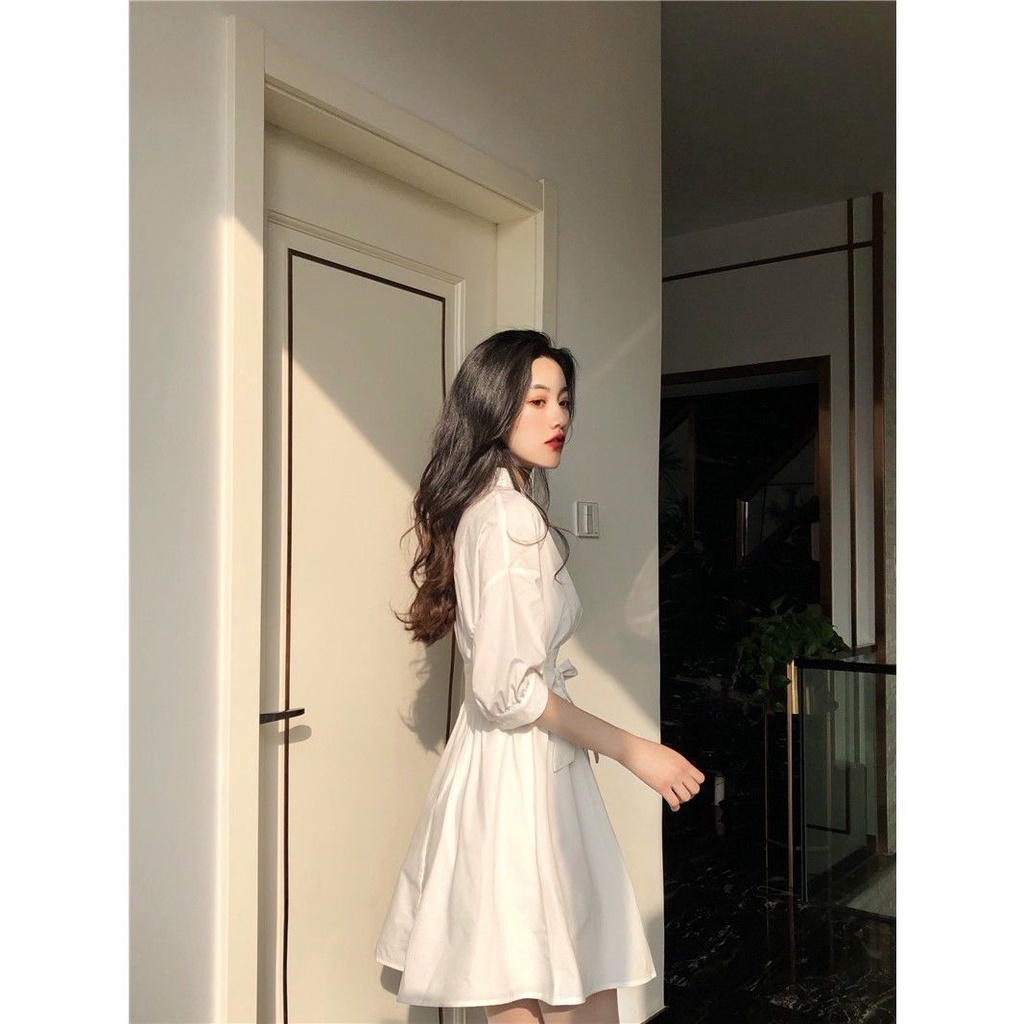 Đầm chữ A tay phồng màu trắng phong cách retro Pháp thời trang cho nữ