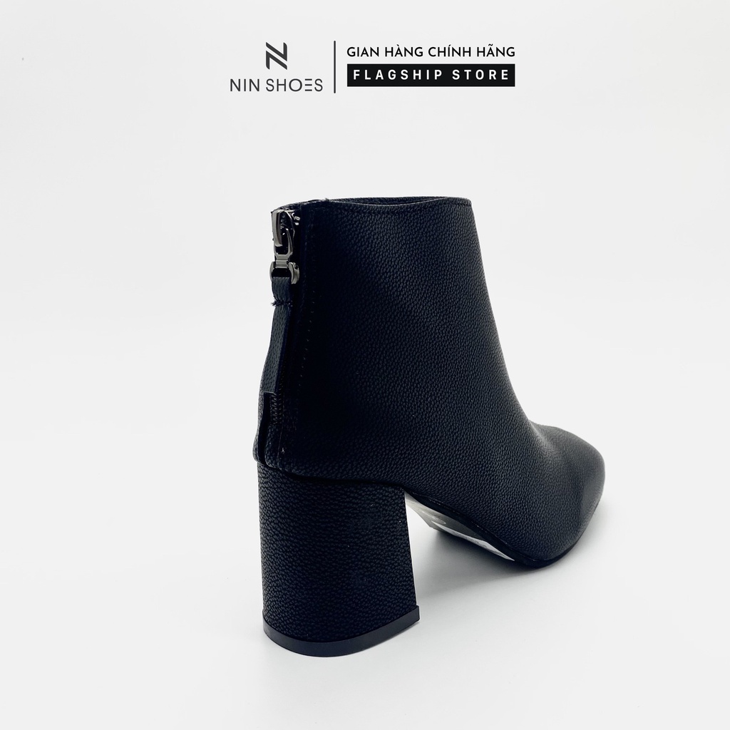 Giày Boot nữ 5p gót vuông da sần kéo khoá sau Ninshoes | BigBuy360 - bigbuy360.vn
