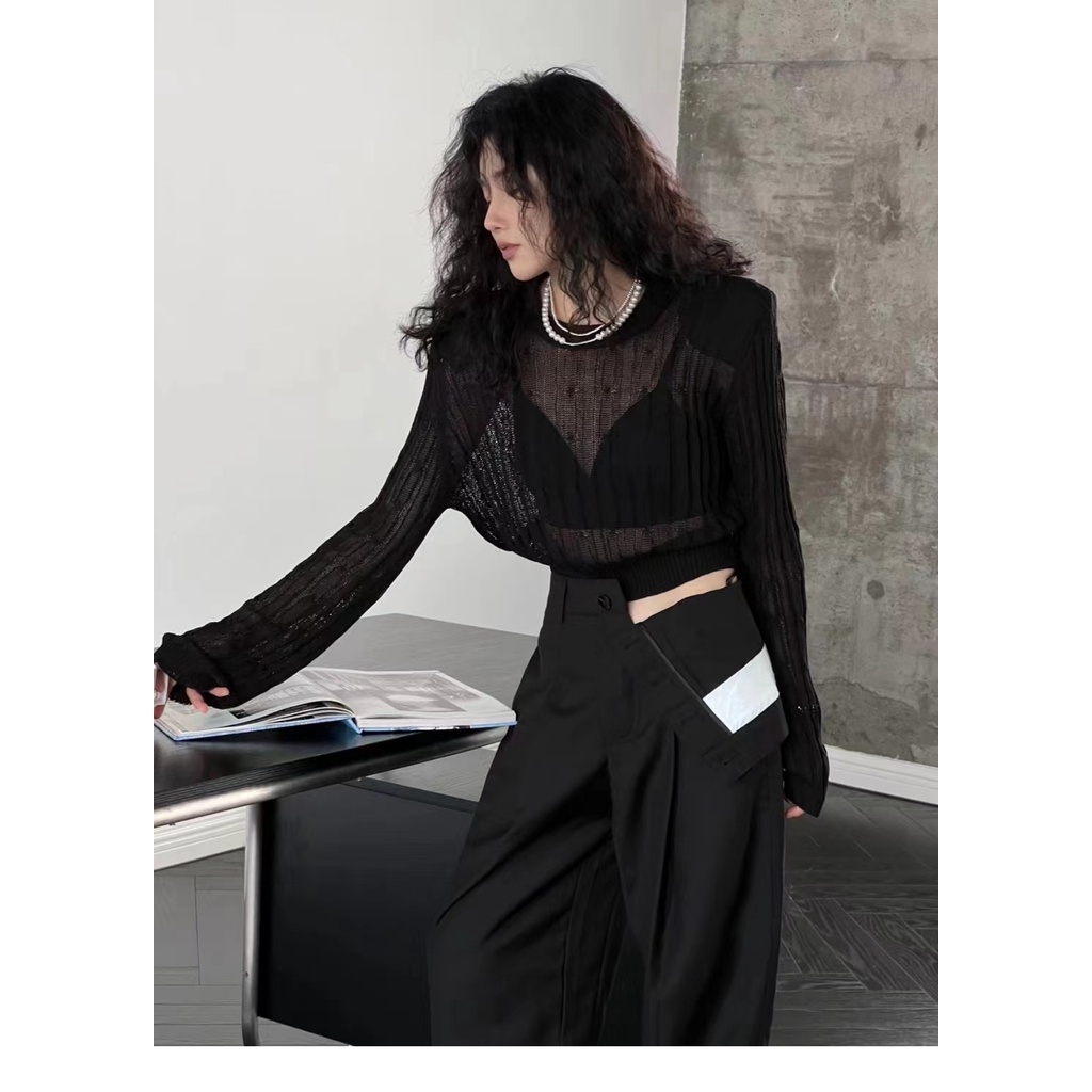 Cocory vn Áo Croptop Dệt Kim Tay Dài Thiết Kế Hợp Thời Trang