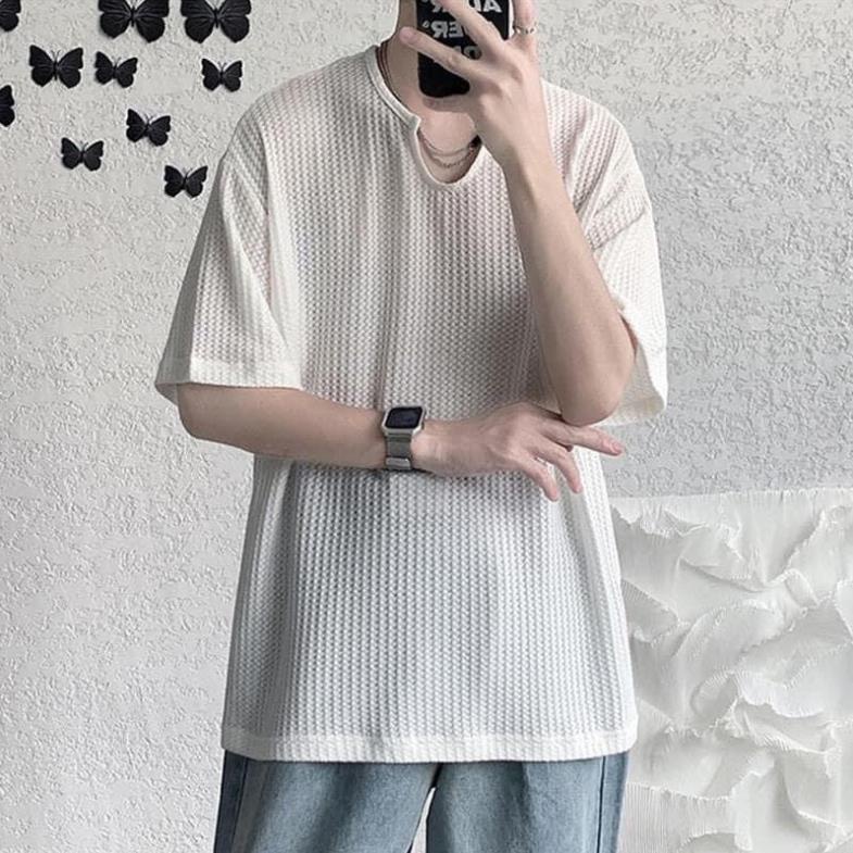 ✨ Áo Phông Cổ Khoét Unisex Dáng Hàn 🦋 Áo Thun Nữ Chất Tổ Ong Cộc Tay Đôi Nam Trơn 3 Màu 🦋 [ Sỉ ]