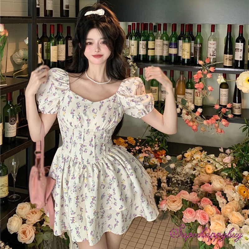 Đầm Tay Ngắn Phồng Cổ Vuông Dáng Ôm In Hoa Thời Trang Xinh Xắn Cho Nữ