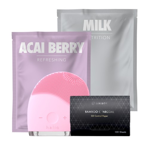 Combo Máy Rửa Mặt Và Mát Xa Da Mặt Halio , 2 Mặt nạ Lixibox Milk và Acai Berry, Giấy thấm dầu than hoạt tính tre Lixibox