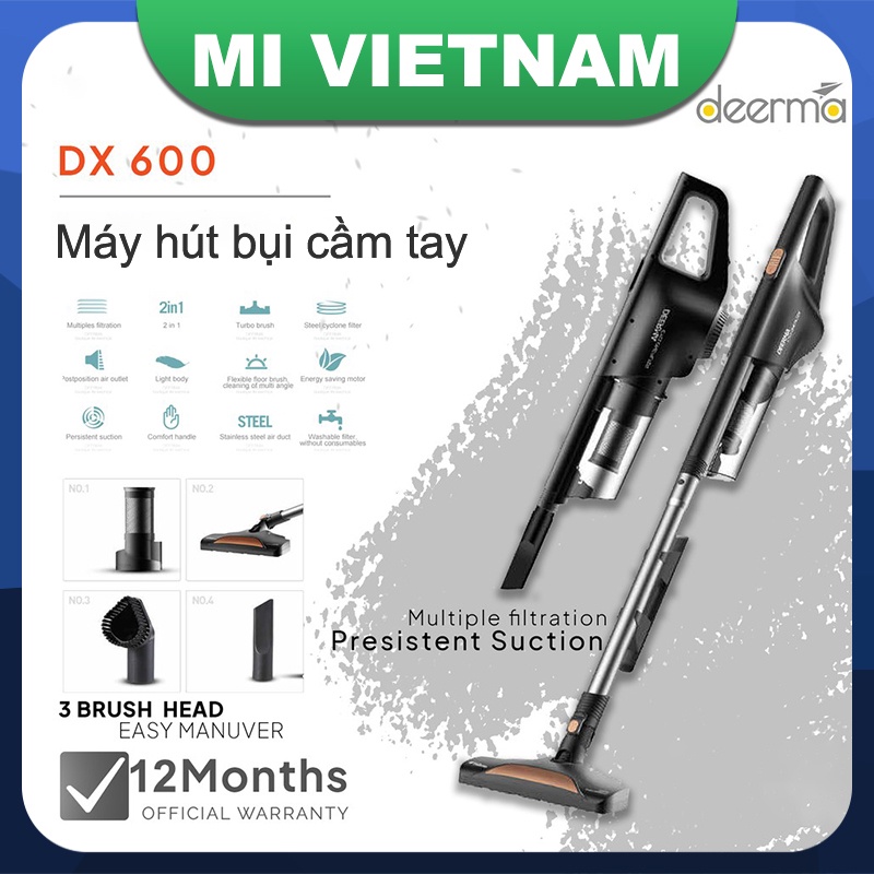 Máy hút bụi cầm tay Deerma DX600 Gồm 4 Đầu Hút Bụi Upright nhẹ và siêu hút cầm tay nhỏ