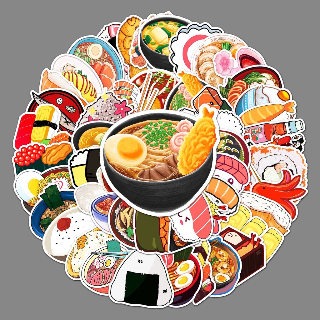 Combo 30 Sticker Chống Nước Decal Dán Điện Thoại Laptop Mũ Bảo Hiểm Vali Guitar Bình Nước Sổ Tay [SUSHI WASABI FOOD]