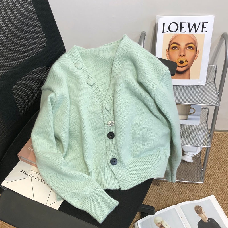 Áo Khoác cardigan Dệt Kim Cổ Chữ V Màu Trơn Đính Nút Thời Trang Thu Đông Mới