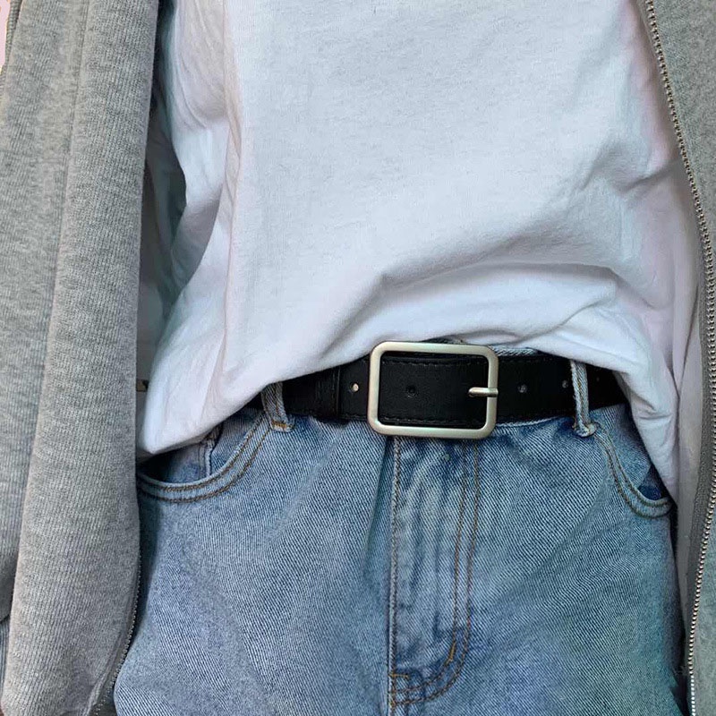 Thắt Lưng Da PU Khóa Vuông Màu Vàng Kim Đơn Giản Dễ Phối Đồ Phong Cách Retro Mới