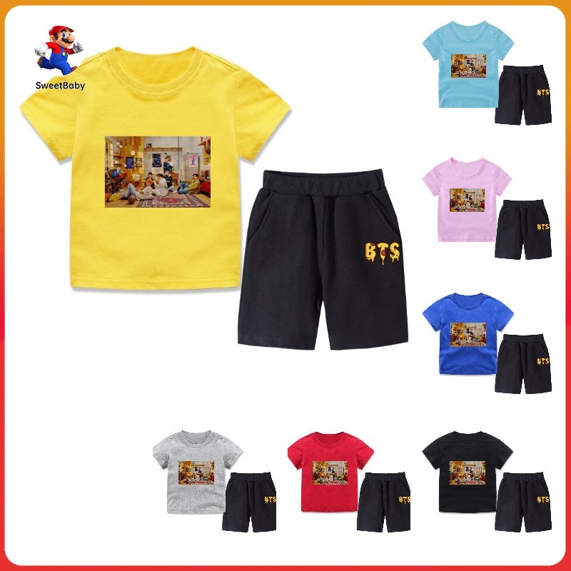 Set áo thun tay ngắn in chữ EXO + quần short cotton tinh khiết thời trang mùa hè cho bé