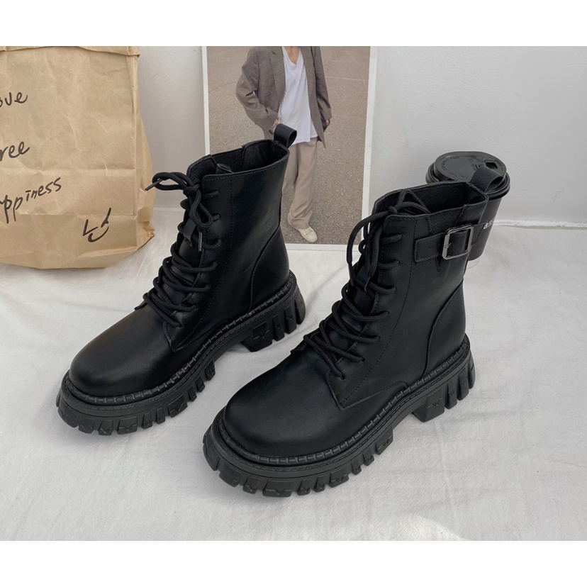 Giày Boots Nữ Boot Cổ Cao Thắt Dây Không Khóa Kéo Đế cao 6CM