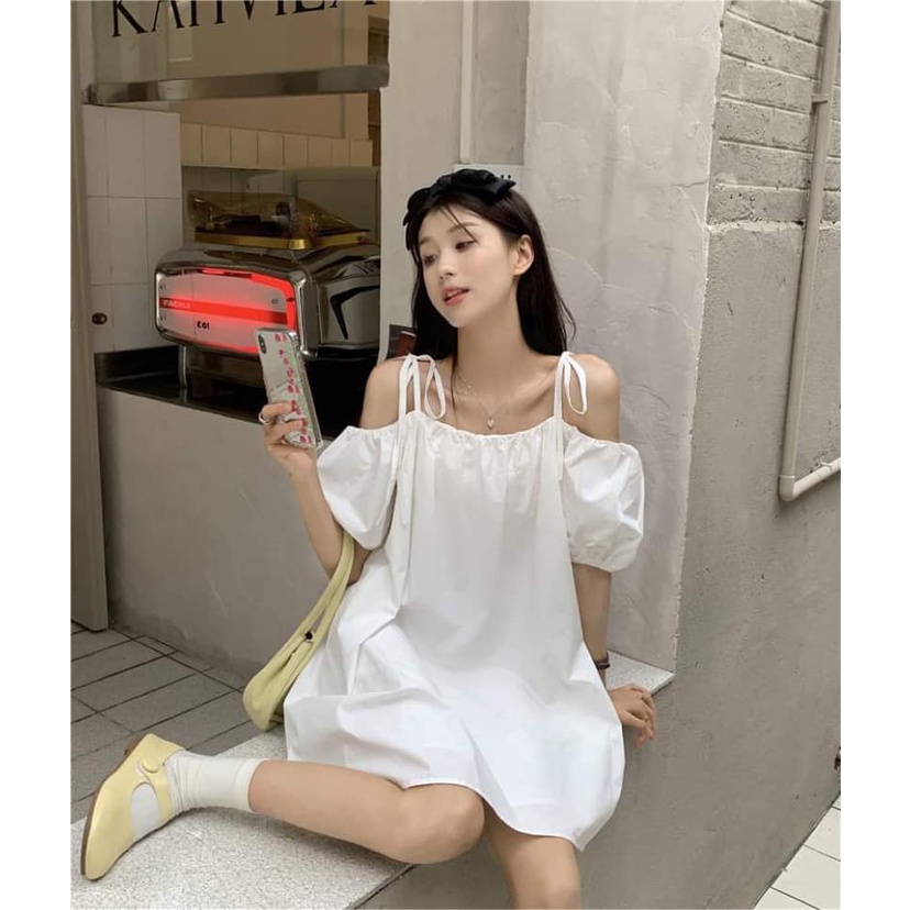 Váy babydoll nữ 2 dây trễ vai tay bồng dễ thương- Đầm maxi nữ đi biển màu xanh cốm basic ULAZANG hàn quốc - LAIKA