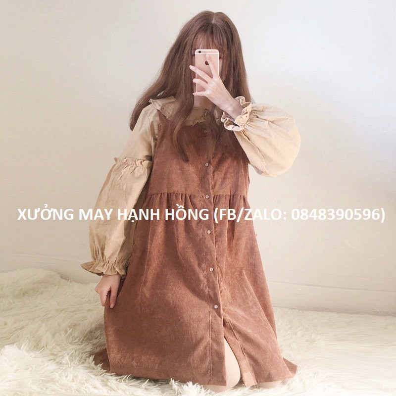 Set yếm nhung áo tay phồng Hàn Quốc - Cỏ Clothes