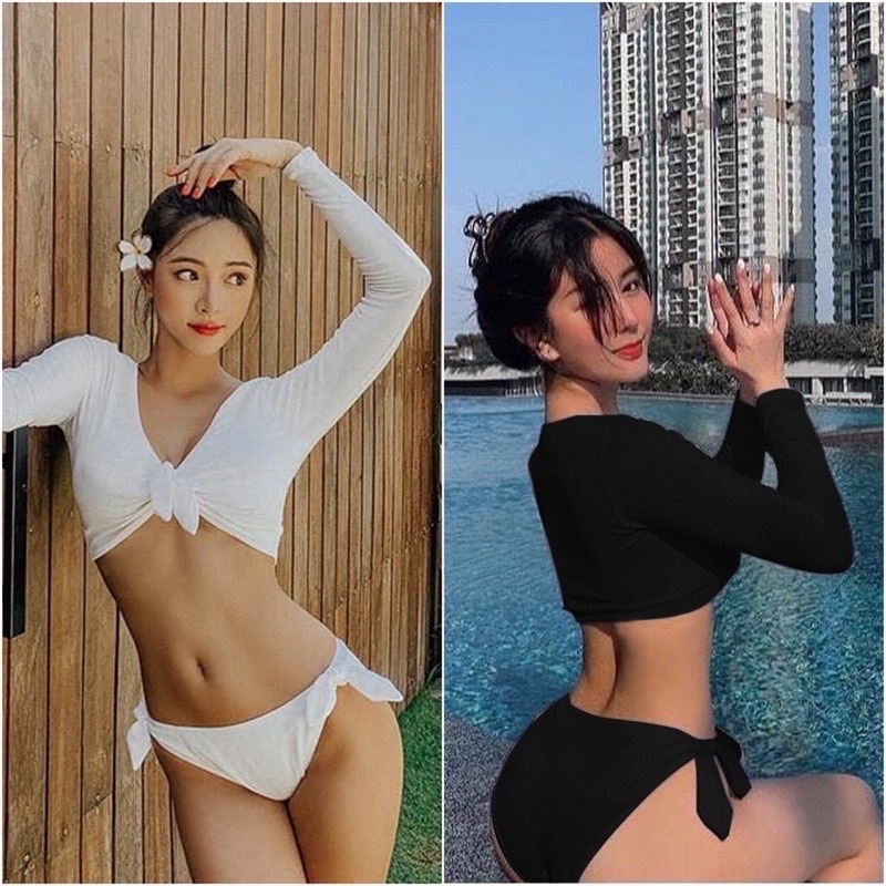 Bikini đi biển tay dài thắt kiểu nơ bự- Đồ bơi nữ chống nắng sexy- shopnabi