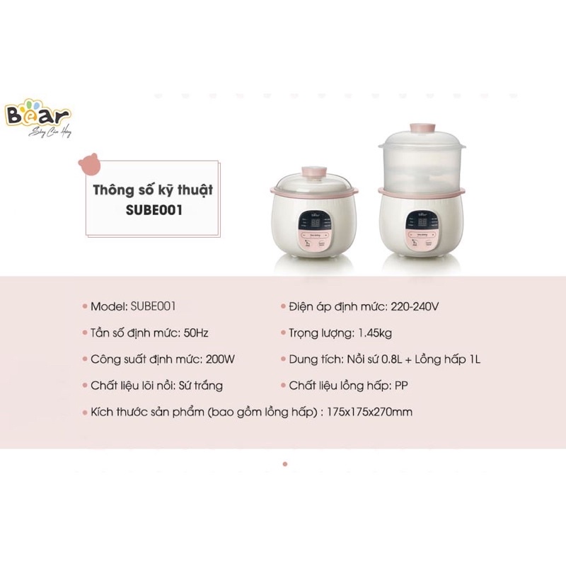 [Mã 154ELSALE2 giảm 7% đơn 300K] BẢN QUỐC TẾ: NỒI NẤU CHÁO CHO BÉ BEAR-0,8L NẤU, NINH,HẦM