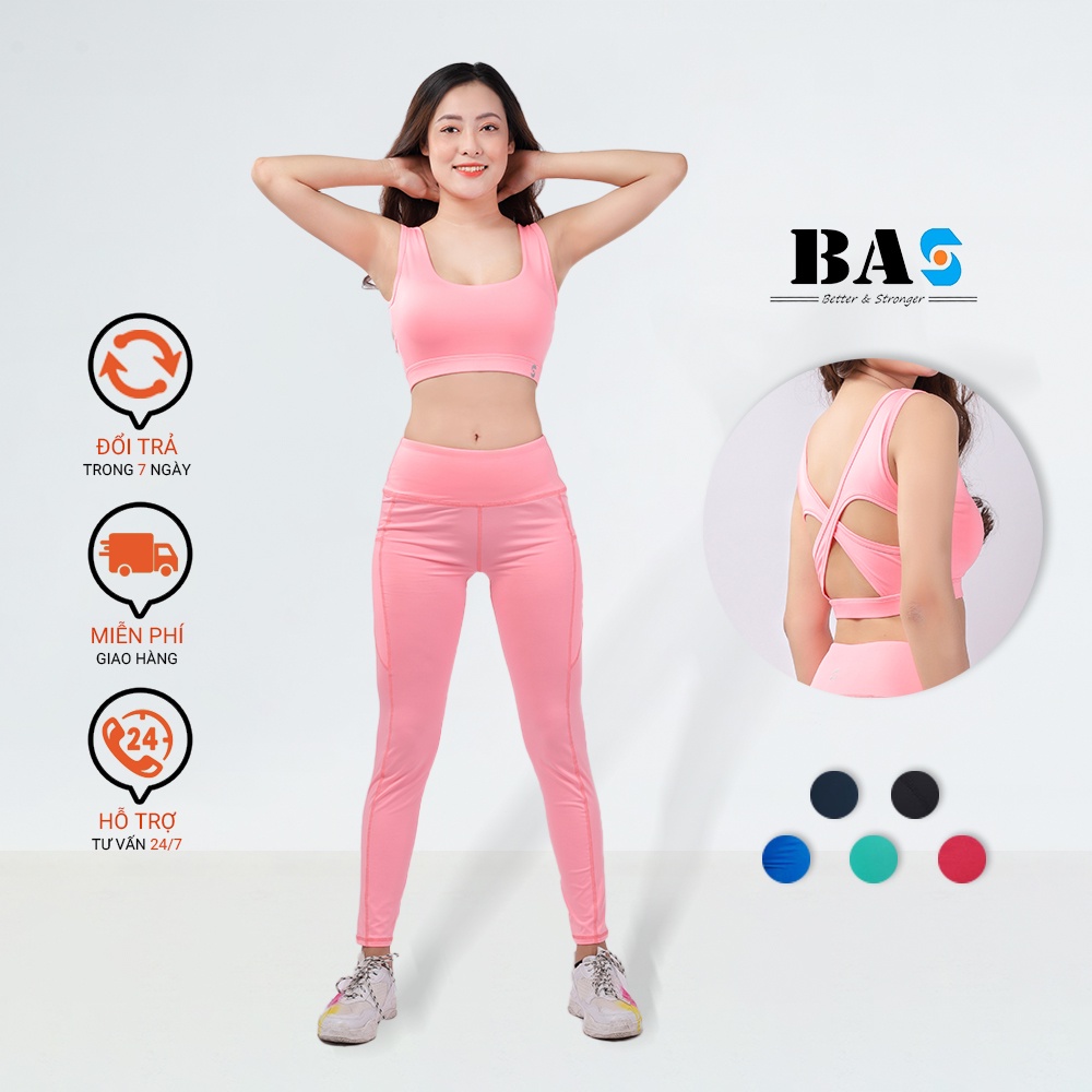 Bộ quần áo tập gym yoga aerobic BAS bra 2 dây chéo lưng trẻ trung phối legging lửng cạp cao - S40029