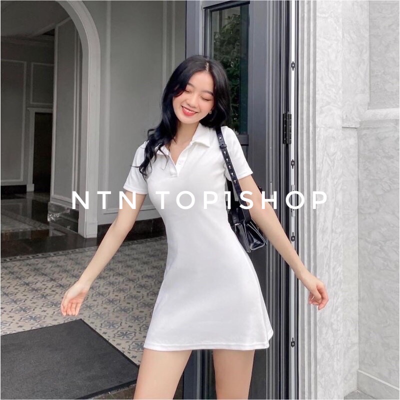 Váy Polo tay ngắn trơn dáng xoè chất cotton 100%