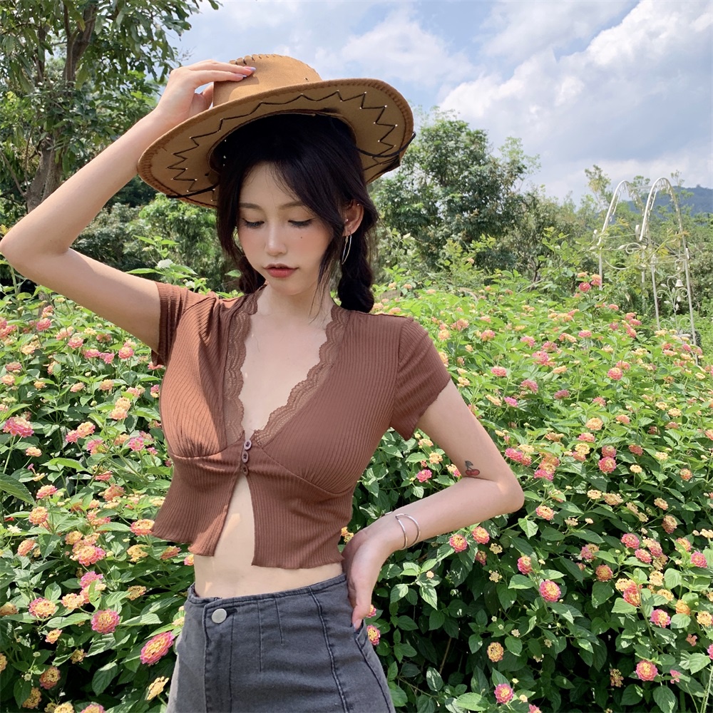 Cocory vn Áo Croptop Dệt Kim Cổ Chữ V Tay Ngắn Phong Cách Âu Mỹ Thời Trang Cho Nữ