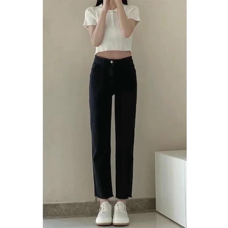 Quần Jeans Nữ Ống Đứng 9 Tấc Màu Xanh Đen Cạp Cao Phong Cách Ulzzang Basic Hách Dáng Chất Jean Co Dãn Loại 1