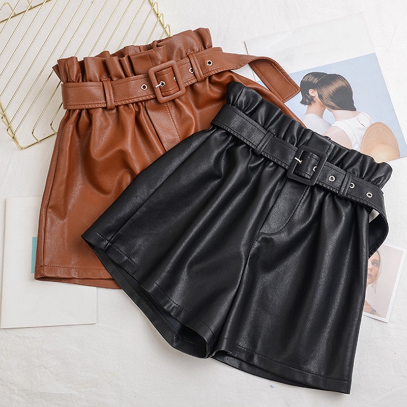 Quần Short Da PU Lưng Cao Dáng Rộng Cỡ Lớn Thời Trang Thu Đông Cho Nữ（Belt not included）