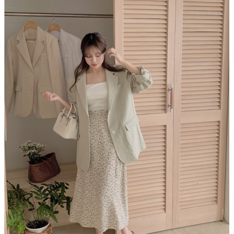 Bộ Áo Sơ Mi Cổ Chữ U + Chân Váy Midi Lưng Cao Dáng Ôm In Hoa Kiểu Vintage Hàn Quốc Đơn