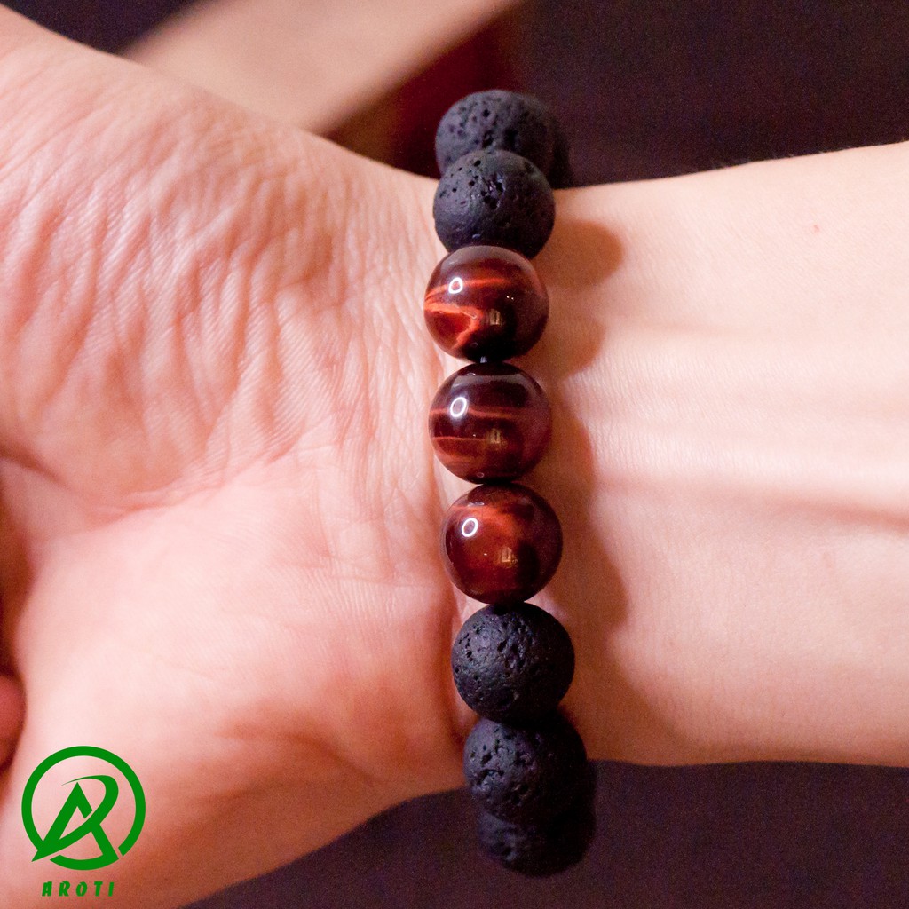 V221-12 Vòng phong thủy đá núi lửa 12 ly mix mắt hổ đỏ V221-12(GB)- Kèm Vòng Gỗ Bách Xanh