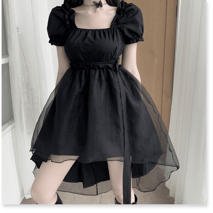 Váy đen ren nhiều lớp cổ vuông công chúa vạt trước ngắn, vạt sau dài eo cao 2021