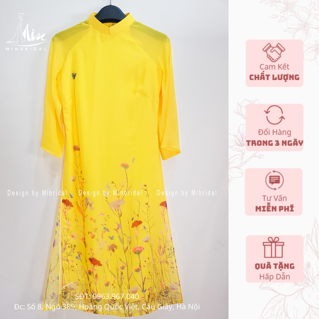 Ao Dài cách tân dáng xuông 4 tà chất liệu voan tơ óng in hoa văn màu vàng | BigBuy360 - bigbuy360.vn