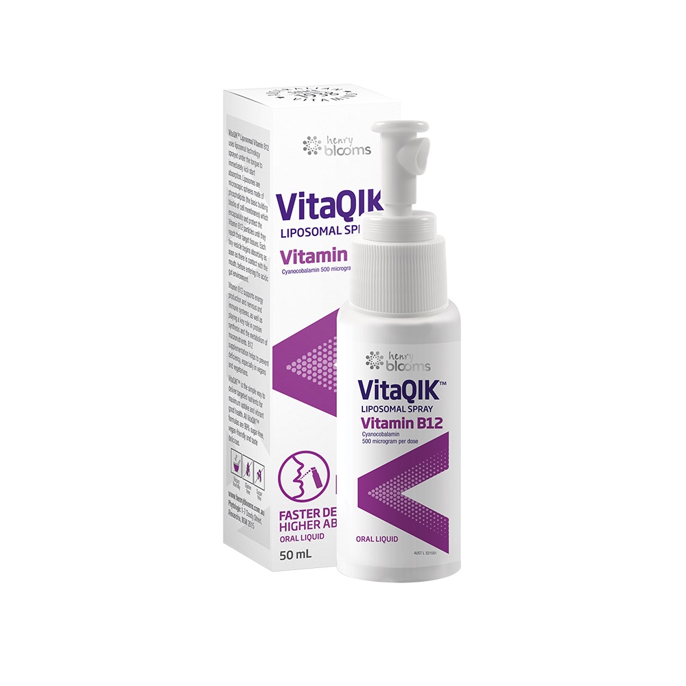Vitamin B12 Dạng Xịt VitaQIK Liposomal Spray Vitamin B12 Henry Blooms Giảm Mệt Mỏi &amp; Tăng Cường Sức Đề Kháng (50ml/Chai)