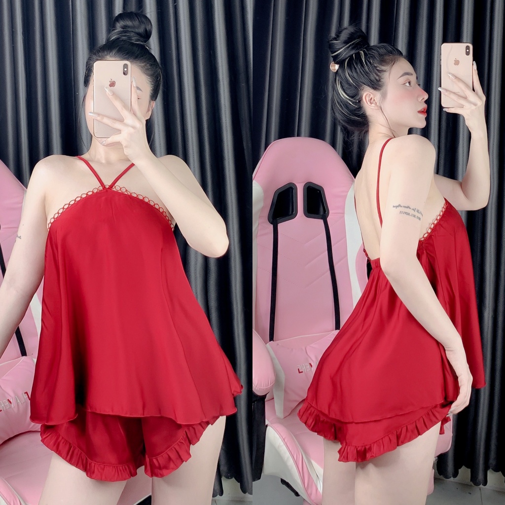 Đồ ngủ sexy gợi cảm, đồ ngủ 2 dây lụa latin mềm mát quần đùi mặc ngủ thoải mái freesize - linqustore
